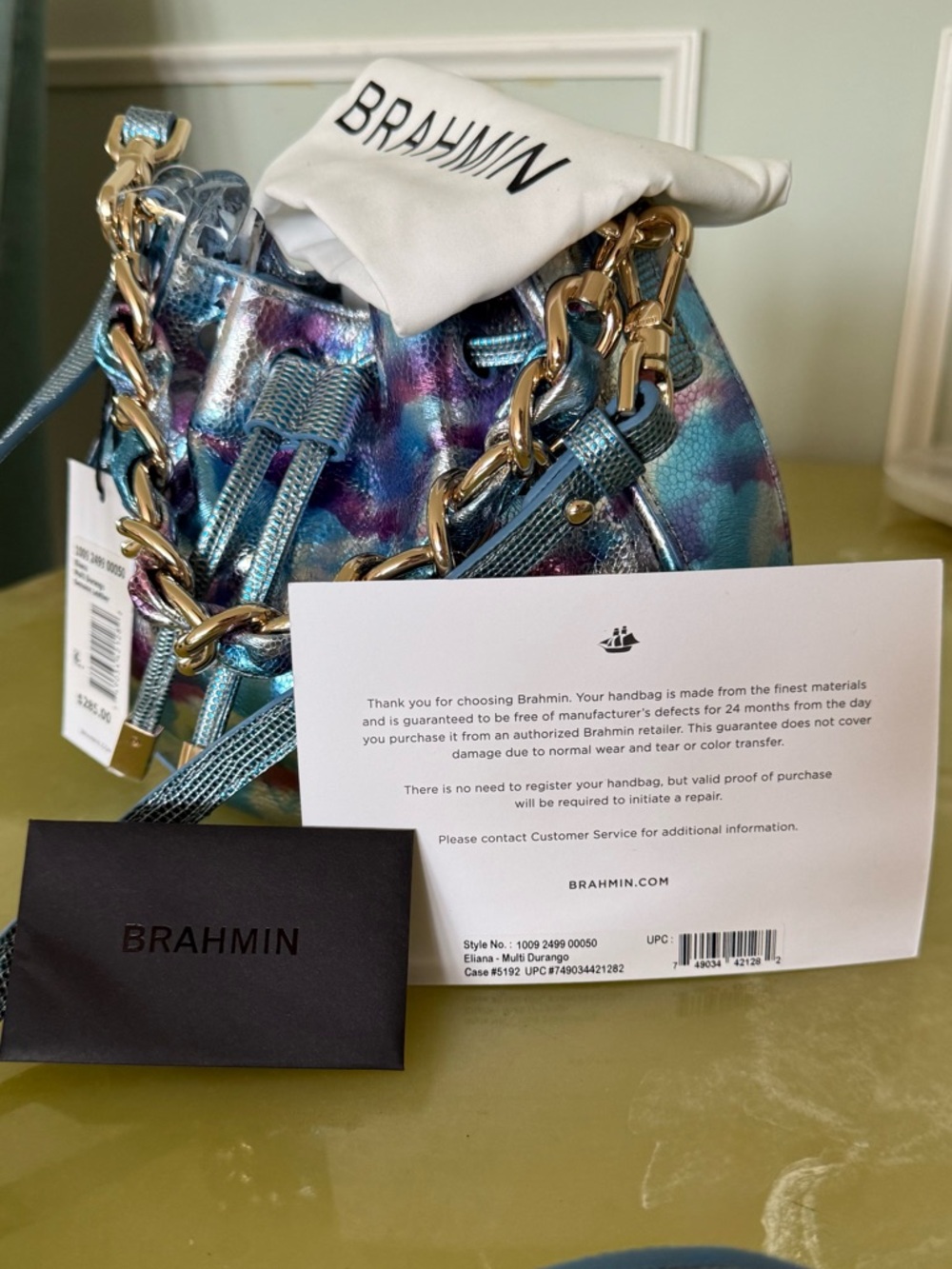 Silver Blue-Pink Drawstring Bucket “Eliana” Brahmin Bag with Chain - Picture 6 of 6
